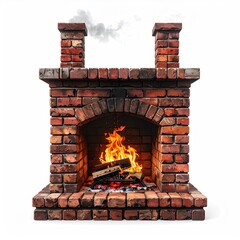 Rustic brick fireplace, burning wood