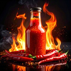 Fiery hot sauce bottle in flames