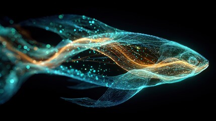 Abstract digital artwork of a glowing fish with dynamic flowing lines on black