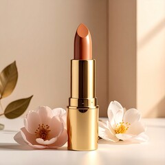 Golden lipstick, light beige,  surrounded by flowers