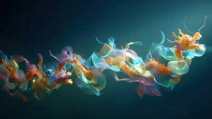 Abstract illustration of a fantasy dragon creature in vivid color palette on gradient background