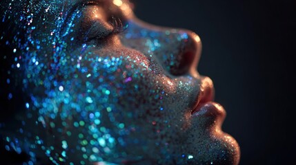 Close up of a face covered in shimmering glitter against a dark background