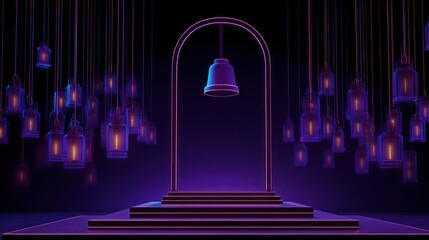 Abstract illustration of a bell lanterns and a stage under a dark blue background