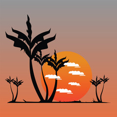 Tropical Sunset with Palm Tree Silhouettes