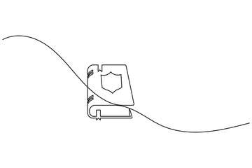 Obraz premium Continuous line drawing of a book with a shield icon for security and data protection concept