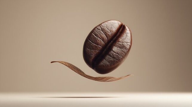 Floating, glossy coffee bean balanced on a dry leaf against a warm, light brown background