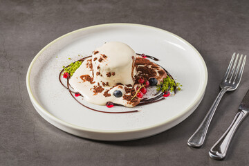 Elegant tiramisu style dessert with cocoa and layered cream