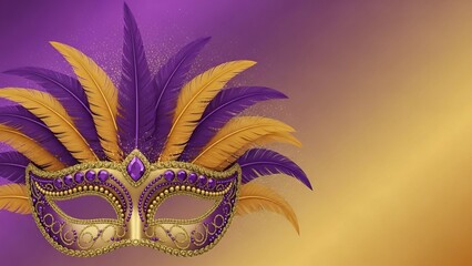Mardi Gras Background With Ornate Carnival Mask, Metallic Beads and Feather Accents