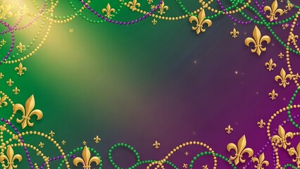 Mardi Gras Background With Gold Fleur De Lis Symbols and Bead Necklaces Festive Mood
