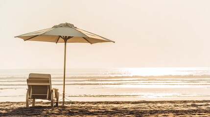 chaise. A luxurious chaise lounge on a sandy beach under an umbrella, capturing the essence of a coastal vacation during golden hour. tourism brochures.
