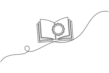 Obraz premium Continuous line drawing of a seal on an open book for certification and academic achievement concept