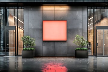 Modern Entrance with Blank Red Display Area Surrounded by Greenery in Urban Setting