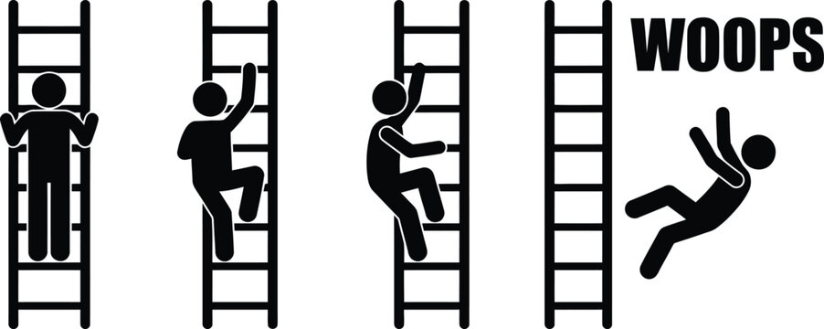 Stick figures climbing ladders with one falling off