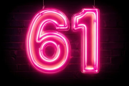 Bright Pink Neon Number Sixty-One on a Black Brick Wall
