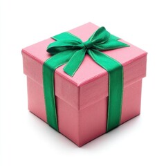 Elegant pink gift box tied with green ribbon, isolated on white.