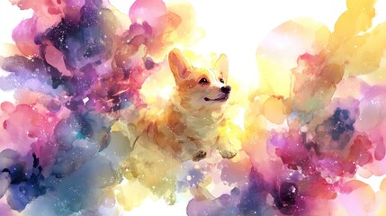 Corgi dog floating in watercolor paint abstract illustration background