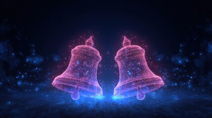 Abstract illustration of two bells with glowing neon outlines against dark background