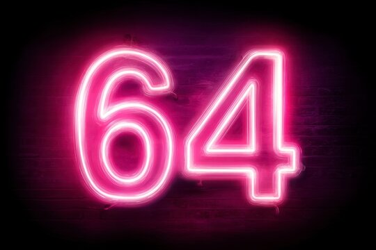 Vibrant Neon Number Sixty-Four Brightly Lit Against Dark Background