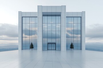 Modern Architectural Building with Glass Facade and Scenic Mountain Background