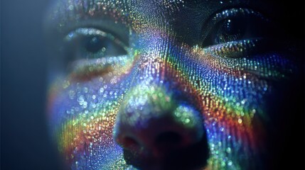 Close up of a face covered in colorful rainbow light effects