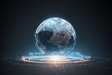 Glowing web hologram showcasing a digital earth sphere with intricate light patterns illuminating the surrounding atmosphere at night