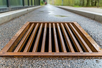 Rusty Drain Grate on Paved Sidewalk Under Soft Natural Light in Urban Environment
