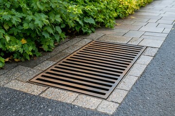 Drain Cover on Paved Pathway Surrounded by Lush Green Shrubs in Urban Environment