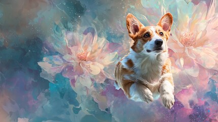 Corgi dog floating in a dreamlike floral fantasy background