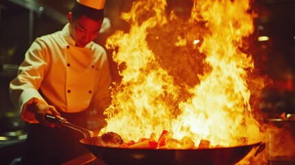 Chef cooking with intense flames in a hot wok, demonstrating precision, passion, and professional culinary technique.