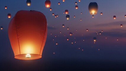 Pingxi Sky Lantern Background With Floating Paper Lanterns and Warm Light Bloom