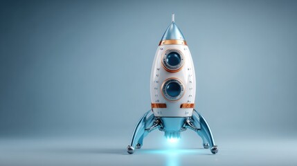 A futuristic, retro-styled spacecraft, primarily white with gold and blue accents. Two large portholes are visible, along with detailed fins and a glowing base