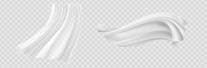 Set of realistic fluttering white cloths, soft lightweight clear material isolated on transparent background vector illustration
