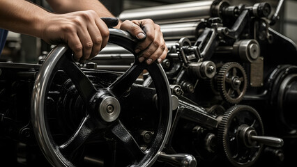 Fototapeta premium Close-up of human hands operating a large vintage industrial machine with intricate gears and a handwheel.