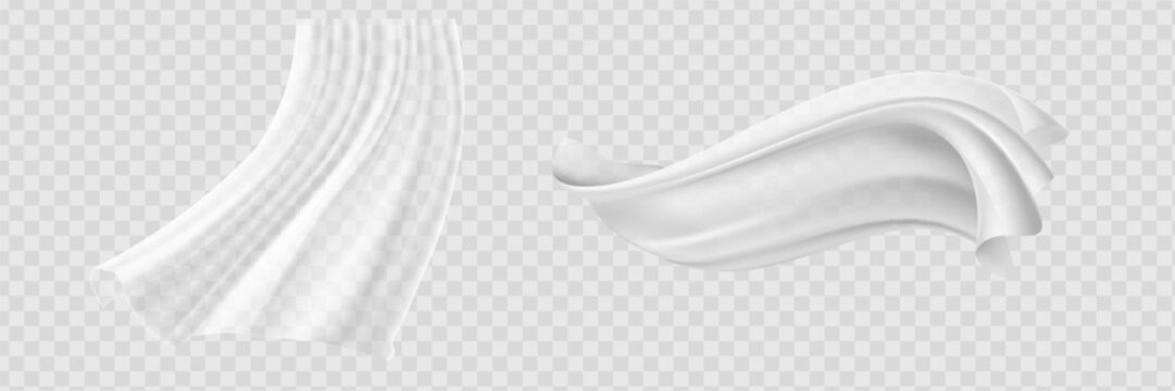 Set of realistic fluttering white cloths, soft lightweight clear material isolated on transparent background vector illustration