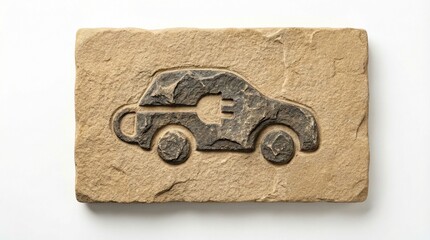 Abstract fossil relief of an electric vehicle imprinted in stone.