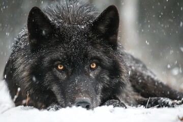 Obraz premium Black wolf with golden eyes resting on snow-covered ground in a serene winter forest setting during snowfall