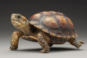 Obraz premium Coahuilan Box Turtle walking on a smooth surface showcasing its intricate shell patterns and natural habitat at a wildlife sanctuary during daylight