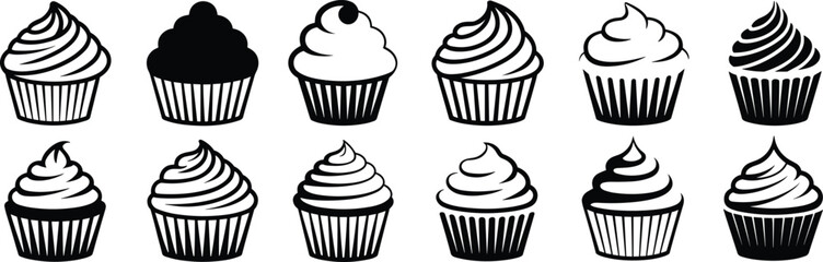 Cupcake silhouette illustrations, black and white dessert icons, stylized frosting designs, vector bakery elements, isolated sweet treat set, artistic pastry concept