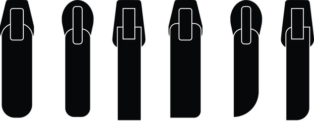  Collection of diverse black zipper sliders and pullers showcasing various designs and shapes vector set