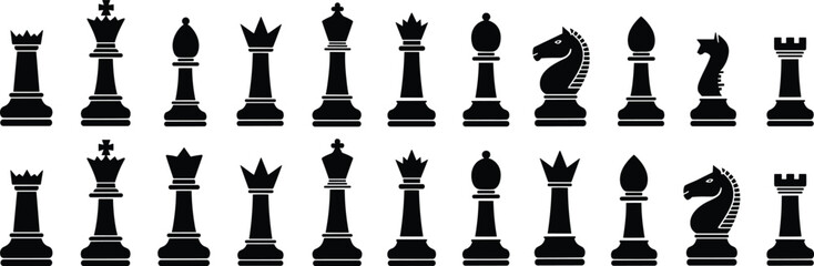 Chess piece silhouettes, black vector icons, stylized board game elements, strategic design set, isolated artwork, king queen rook knight bishop © KanonRani art