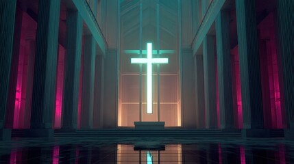 Abstract illustration of a glowing cross in a modern interior setting