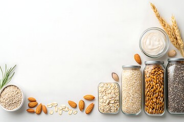 Varied Nuts and Seeds in Glass Containers with Natural Ingredients on White Surface