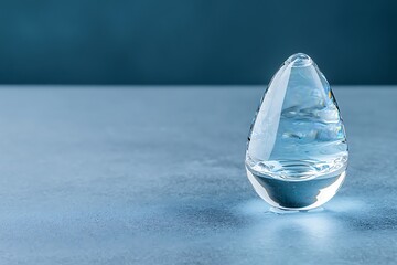 Clear Glass Teardrop Water Droplet Sculpture on Smooth Blue Surface in Soft Lighting