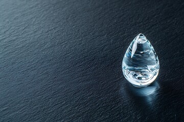 Clear glass droplet on dark textured surface with soft light reflection and shadow play