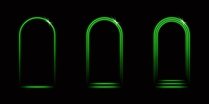 A set of glowing green laser arch-shaped frames isolated on a black background. Abstract vector illustration.