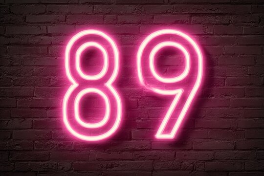 Neon Number 89 Sign Bright on Vintage Brick Background