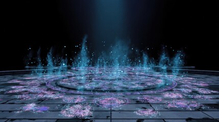 Abstract illustration of energy emitting from a circular platform in a dark space