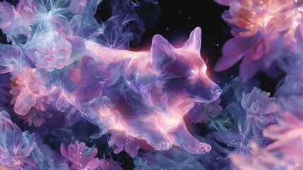 Abstract illustration of a dog within purple and pink floral elements