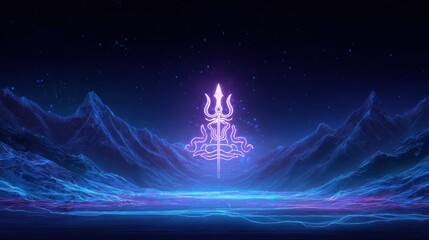 Abstract illustration of a glowing trident symbol in a night landscape