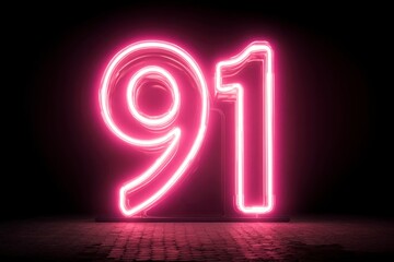 Neon Number 91 in Vibrant Pink Glow Against Dark Background
